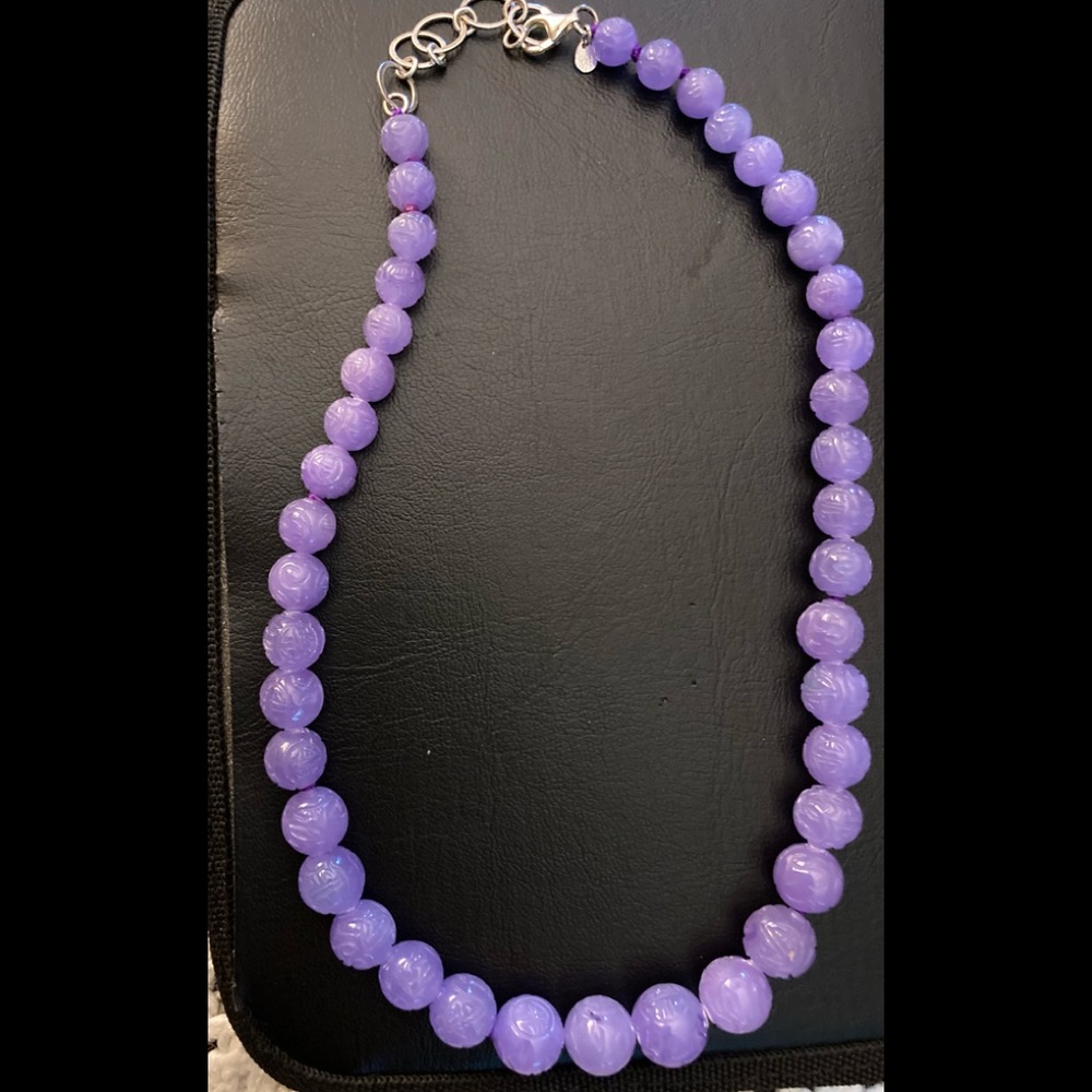 GSJ Signed JADEITE, Genuine Carved, Lavendar Bead Necklace